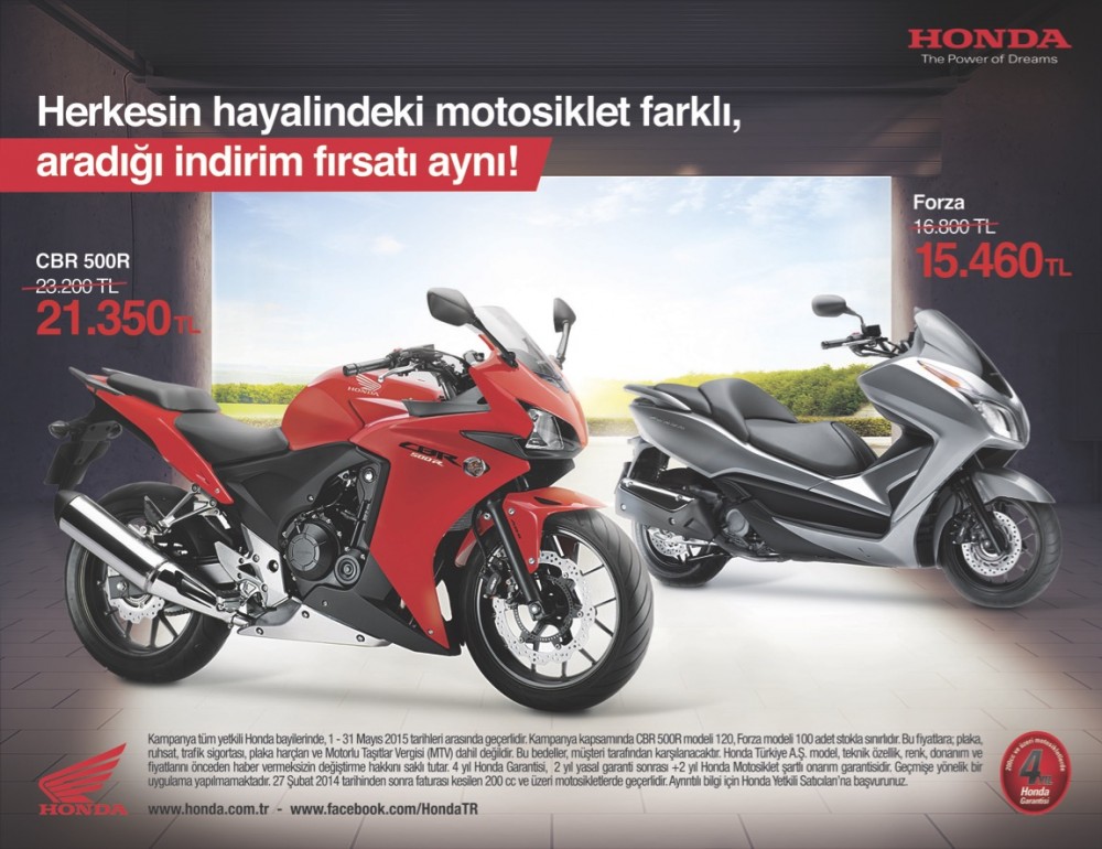 Honda marka CBR 500R ve Forza motosikletlerde indirim